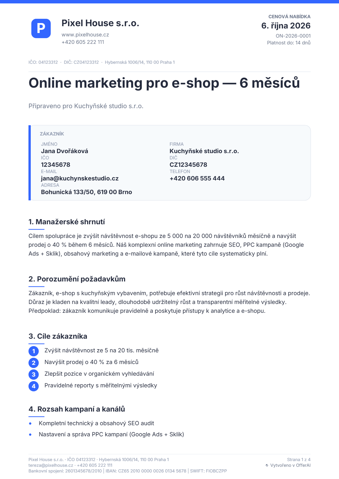 Ukázka nabídky pro marketingovou agenturu Pixel House s.r.o. — online marketing pro e-shop.