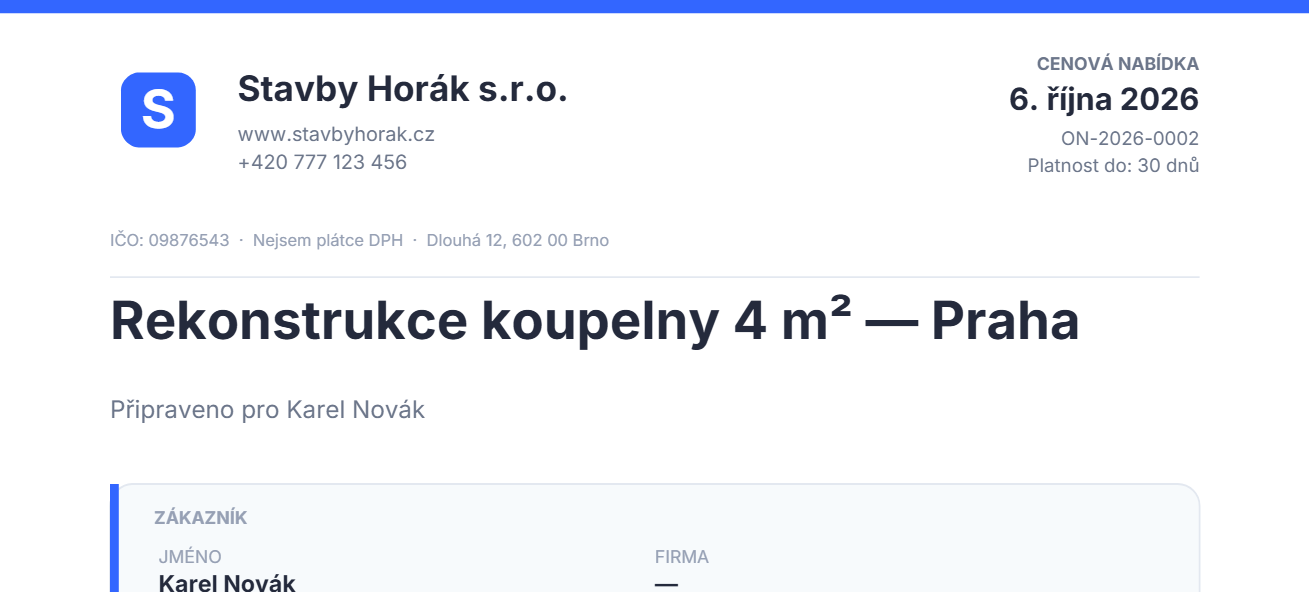 Detail hlavičky ukázkového PDF: logo s iniciálou S, název firmy Stavby Horák s.r.o., web, telefon, IČO a adresa, vpravo datum a číslo nabídky.