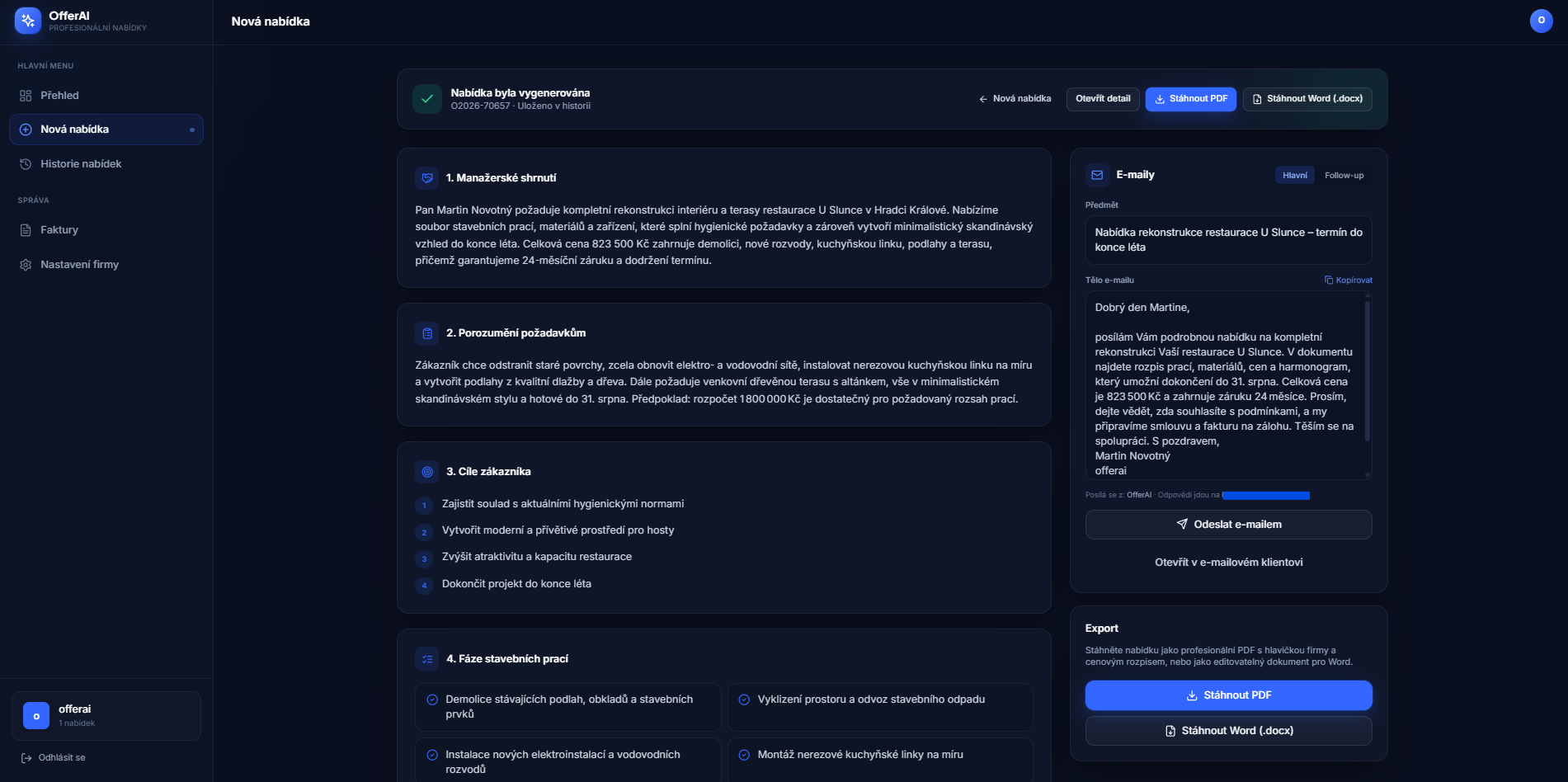 Vygenerovaná obchodní nabídka v aplikaci OfferAI — shrnutí, položky a e-mail